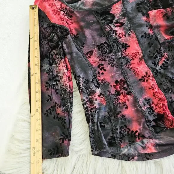 Cato Floral Red Black Burnout Top Sz Large Sheer Gothic Romantic Stretch Blouse - Picture 14 of 14